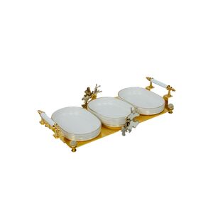 Bandeja Branca De Porcelana Com Bordas Douradas