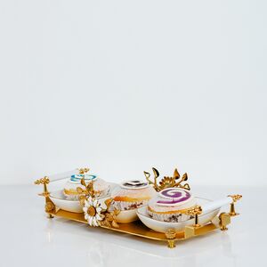 Bandeja De 3 Peças Branco/Dourado Com Alças