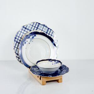 Conjunto De Refeição Branco/Azul 24 Peças Para 6 Pessoas