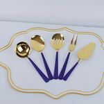 Conjunto de talheres de servir inox  azul e dourado de 5 Pcs