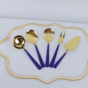 Conjunto de talheres de servir inox  azul e dourado de 5 Pcs