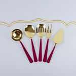 Conjunto de talheres de servir inox  vermelho e dourado de 5 Pcs
