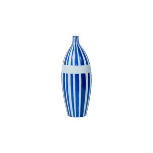 Vaso Cerâmico Azul Com Listras Brancas 14x14x38cm