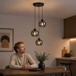 Luminária Pendente Decorativa Preta com Vidro Fumado 3xE27